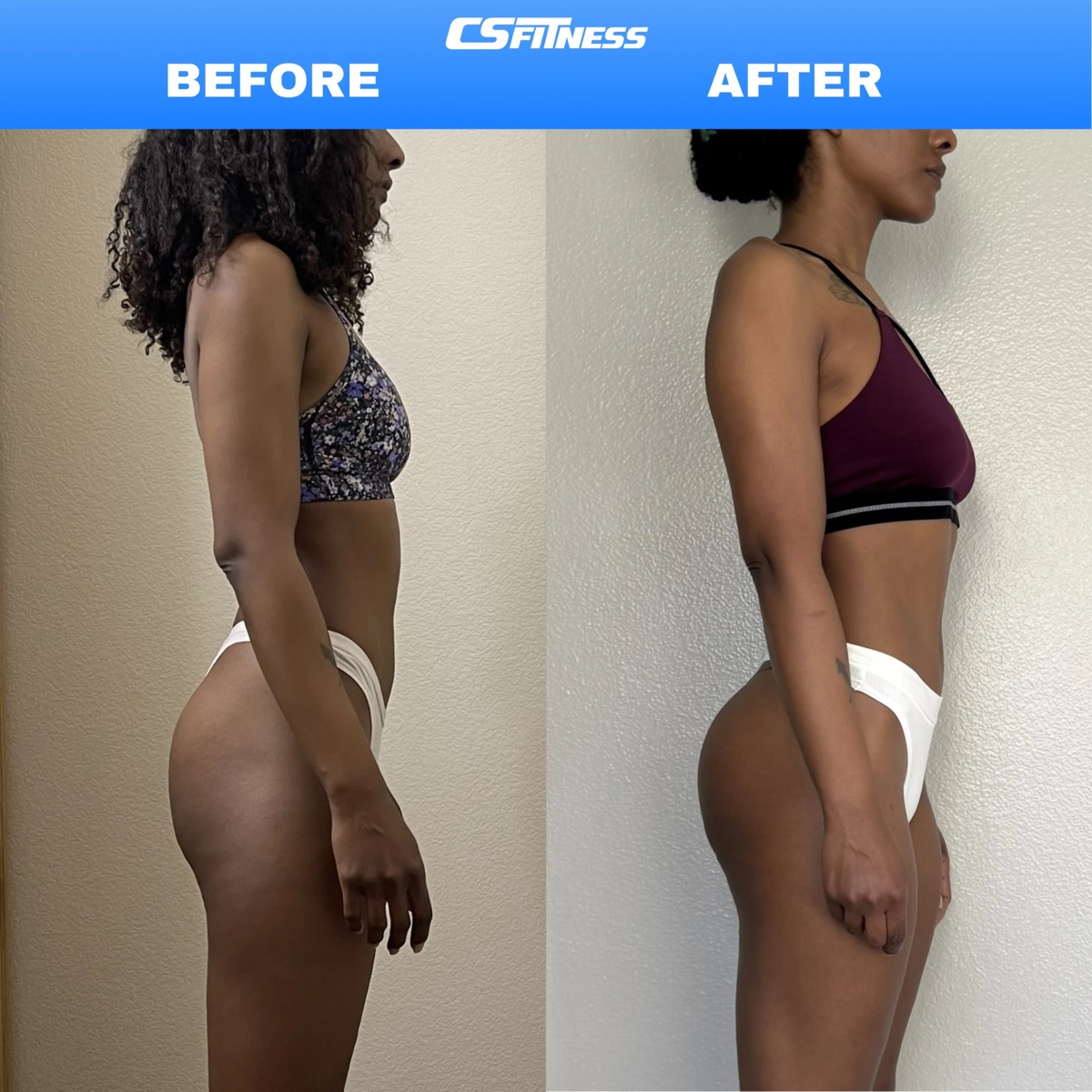Before and after of a CS FITNESS member, side profile